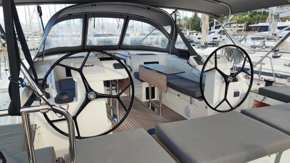 Cockpit of the sailing yacht Blue Monkey with dual steering wheels.