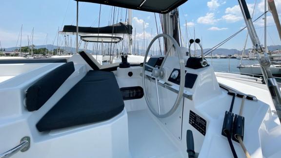 Modern helm station of the Bali 4.2 Catamaran Bella II, ready for a relaxing sail in Marmaris.