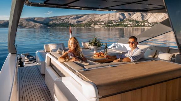 Anchored in Split, Kimani offers a comfy outdoor lounge at the aft deck.