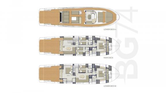 Motor yacht Kimani Bluegame BG74 model features detailed principal and lower deck arrangements.