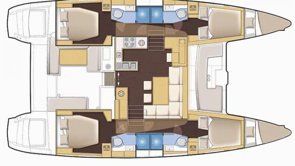 Detailed floor plan of the Saelma Lagoon 450, showing cabins, bathrooms, kitchen, and living areas.