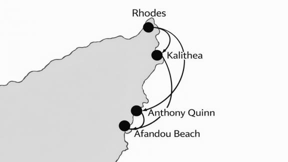 Die Route führt über Rhodos, Kalithea, Anthony Quinn Bucht und Afandou Strand.