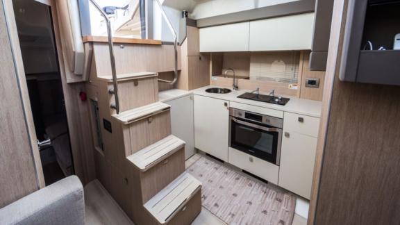 The modern kitchen of motor yacht Brown Sugar stands out with its functional design.