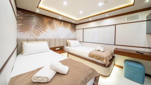 Part of Fethiye trawler rental, this twin cabin offers ideal comfort for two guests.