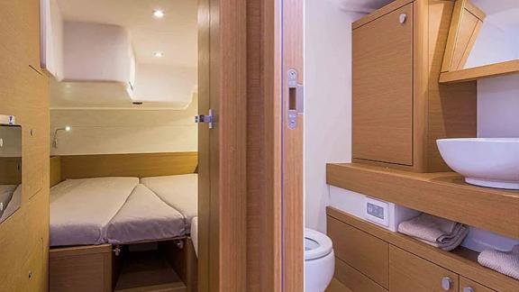 The modern double cabin and bathroom on yacht Morea offer a comfortable stay.