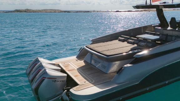 Anchored in Ibiza, Vibe is seen with a swim platform and spacious sunbathing area at the stern.