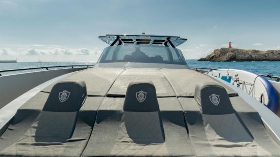 Anchored in Ibiza, Vibe stands out with spacious sunbathing cushions on the foredeck.