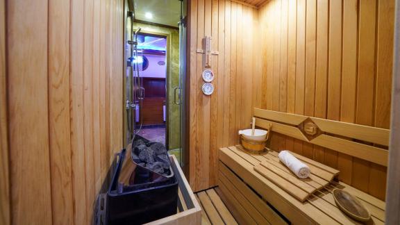 A luxurious sauna on the gulet La Bella Vita in Bodrum, equipped with wooden benches