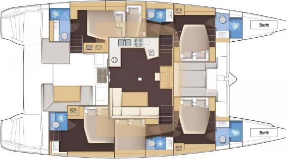 The layout of Ace of Hearts in Athens shows the saloon, galley and six cabin arrangement.