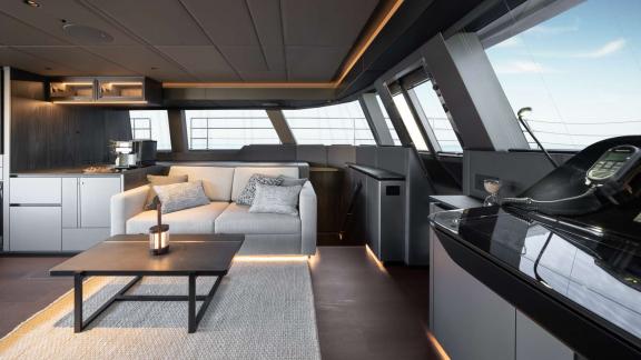 The modern and comfortable lounge area of the Adara Next catamaran, departing from Athens.