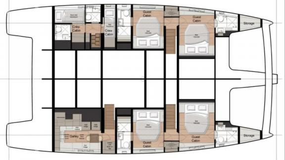 Cabin and layout plan of the Adara Next catamaran, departing from Athens.