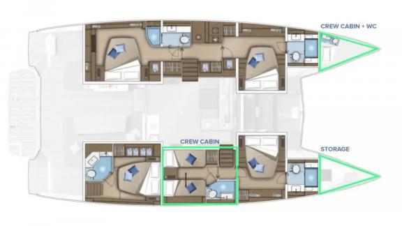 Agenda 55 catamaran layout plan shows guest cabins crew areas bathrooms and onboard living spaces.