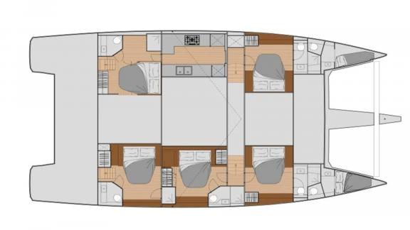 Allure catamaran for rent offers six-cabin layout with well-organized living spaces.