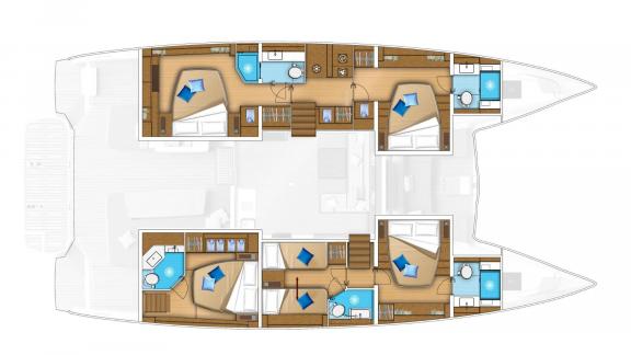 Lagoon 55 catamaran Artisan features a six-cabin layout with a bright and functional interior plan.