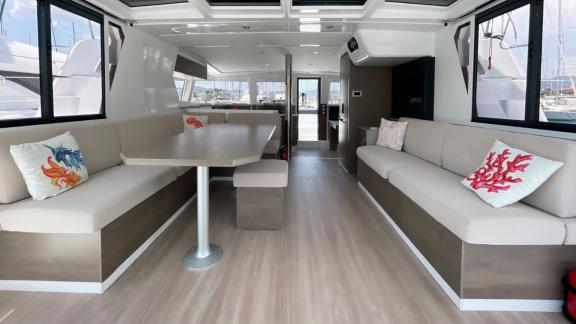 Elegant and spacious salon of the Bali 4.2 Catamaran Bella II, perfect for cozy moments on board.