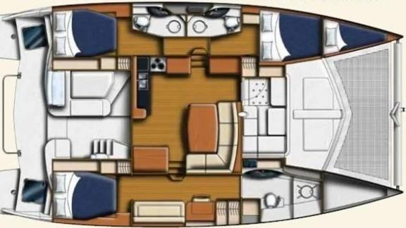 Detailed interior layout plan showing cabins, salon, and other areas of the catamaran Cecilia.