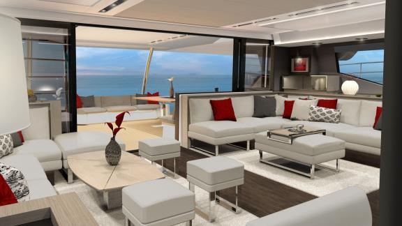 The spacious and elegantly furnished salon on Catamaran D2 offers a stunning view of the sea.