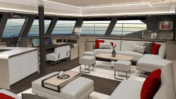 The stylishly designed salon on Catamaran D2 features large windows offering a panoramic view of the sea.