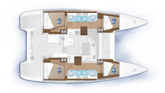 Detailed interior layout of the Hayra Lagoon 40 catamaran with spacious cabins and living areas.