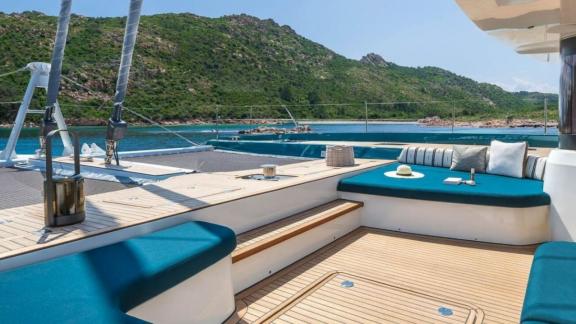 Lagoon Eighty2 Imladris offers cozy lounging up front while cruising from Athens.