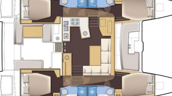 Entdecken Sie den gut durchdachten Grundriss des Katamarans Loryma mit komfortablen Kabinen und einem großzügigen