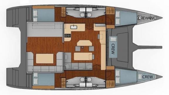 Luna 49 Blue yerleşim planında dört çift kişilik kabin, salon, mutfak ve ayrı mürettebat bölümleri yer alıyor.