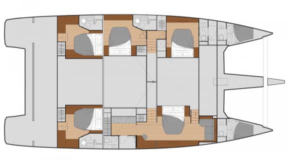 Among catamaran rental options in Athens Majesty of Greece layout shows cabins and living spaces onboard.