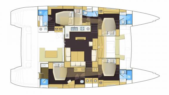 Detailed floor plan of the Lagoon 560 S2 Meliti showing cabins, saloon, and kitchen