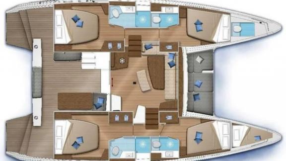 Overview of the Lagoon 42 catamaran with spacious cabins, modern bathrooms, and cozy living areas.