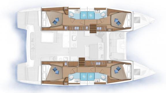 My Star catamaran offers four spacious double cabins, each with a private bathroom for comfortable stays.