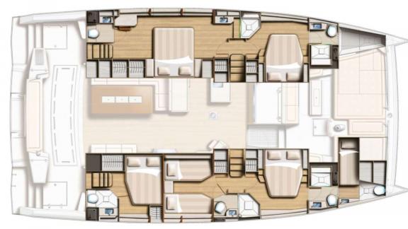 Der Grundriss der Ocean Lounge zeigt vier Doppelkabinen und zwei Zweibettkabinen mit großen Wohnbereichen.