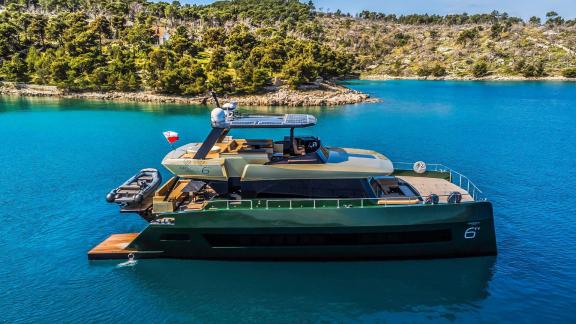 Anchored in Split’s calm bay, Over the Moon offers luxury and comfort for a stylish charter experience.