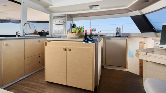 Stylishly designed kitchen on the catamaran Pi 2 in Athens, perfect for preparing delicious meals.