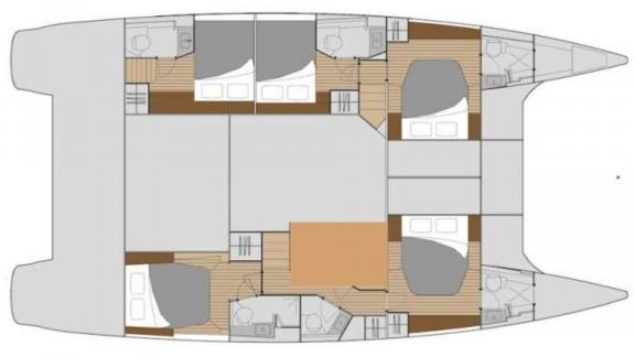 Detailed floor plan of the catamaran Pi 2, showing the spacious cabins and bathrooms in Athens.