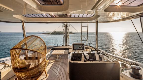 Among catamaran rental options in Kastela Princess Karla flybridge seating and relaxation area is seen anchored.