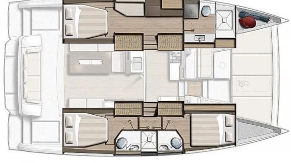 Clear deck plan of the Bali 4.2 catamaran, showing sleeping cabins, bathrooms, and communal areas.