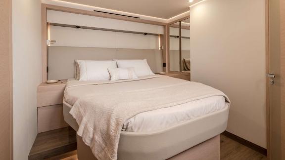 Serenissima III in Athens offers a modern and spacious guest cabin for a luxury catamaran charter holiday.