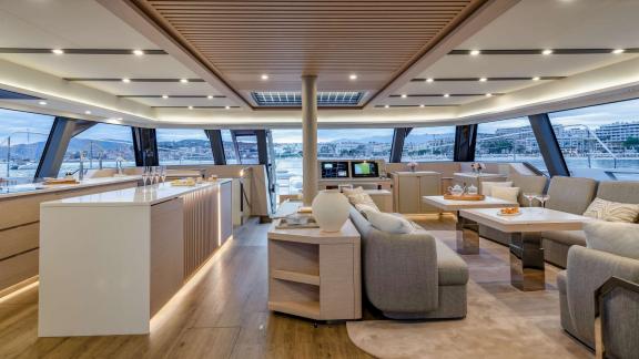 Serenissima III available for charter in Athens offers a panoramic saloon and spacious onboard living areas.