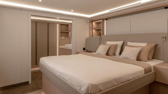 Serenissima III in Athens features an elegant guest cabin designed for comfortable catamaran charter stays.