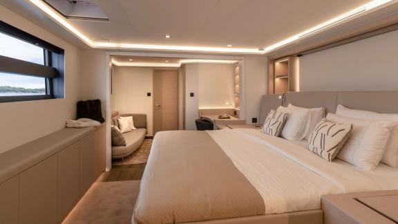 Serenissima III based in Athens features a spacious master cabin with modern comfort and elegant accommodation.