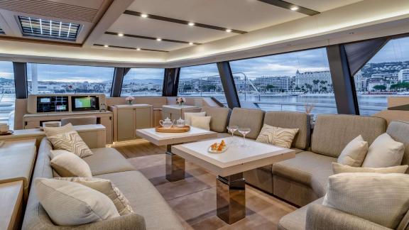 Serenissima III available for charter in Athens features spacious seating and a bright saloon with sea views.