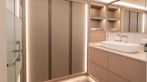Serenissima III based in Athens features ample storage space and a stylish vanity area for guest comfort.