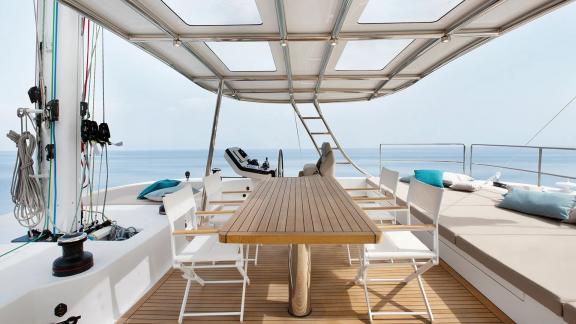 njoy meals and sunbathing on the flybridge of Sunreef 60 catamaran Sinata.