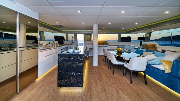 The Sunreef 60 Sinata offers a refined salon with panoramic views, dining and cozy lounging areas.