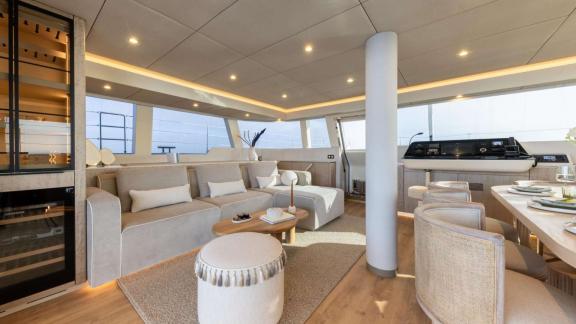 The catamaran Spice of Life offers a modern and sunlit interior space near Athens.