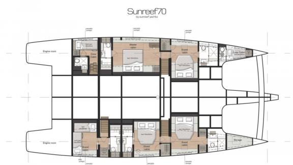Der Katamaran N1 Sunreef 70 bietet großzügige Kabinen und Wohnbereiche.