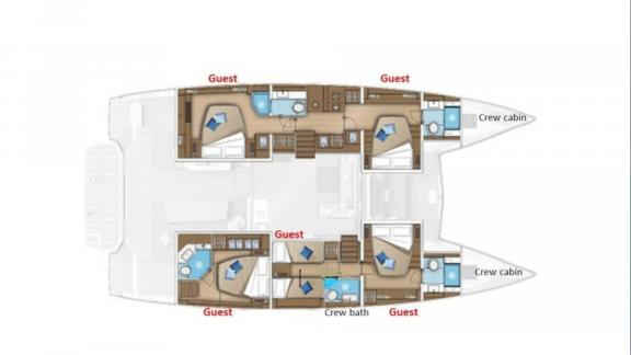 Der Grundriss der Lagoon 55 TriWing Carida wurde mit Fokus auf Komfort und Privatsphäre gestaltet.