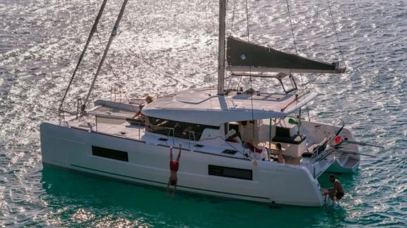 Enjoy sun and sea on this elegant catamaran, perfect for a relaxing day on the water.