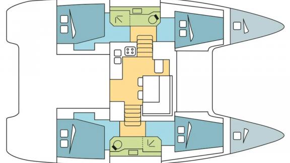 Detailed layout of Yacht Turtle featuring spacious cabins and comfortable living areas.