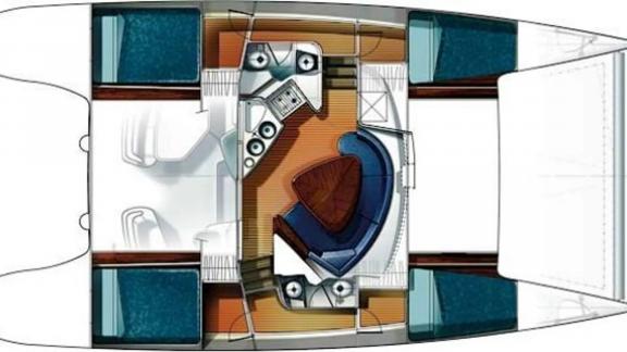 Übersichtlicher Deckplan der Yacht Vamos mit Wohn- und Schlafbereichen, ideal für eine komfortable Yachtcharter.